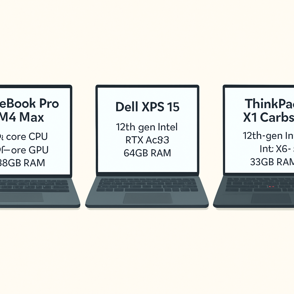 MacBook Pro M4 Max, Dell XPS 15 ve ThinkPad X1 Carbon yan yana karşılaştırma görseli