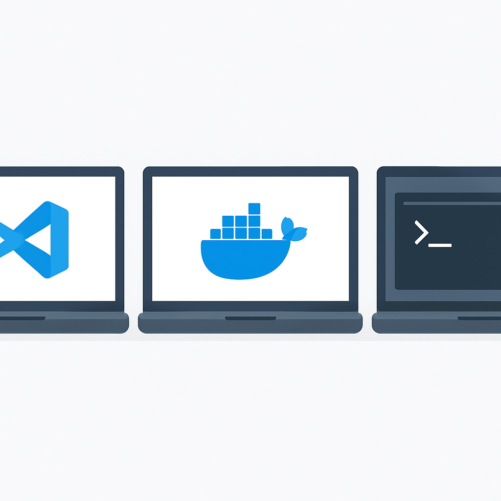 Her laptop üzerinde VS Code, Docker Desktop ve terminal pencerelerini gösteren geliştirme ortamı karşılaştırması