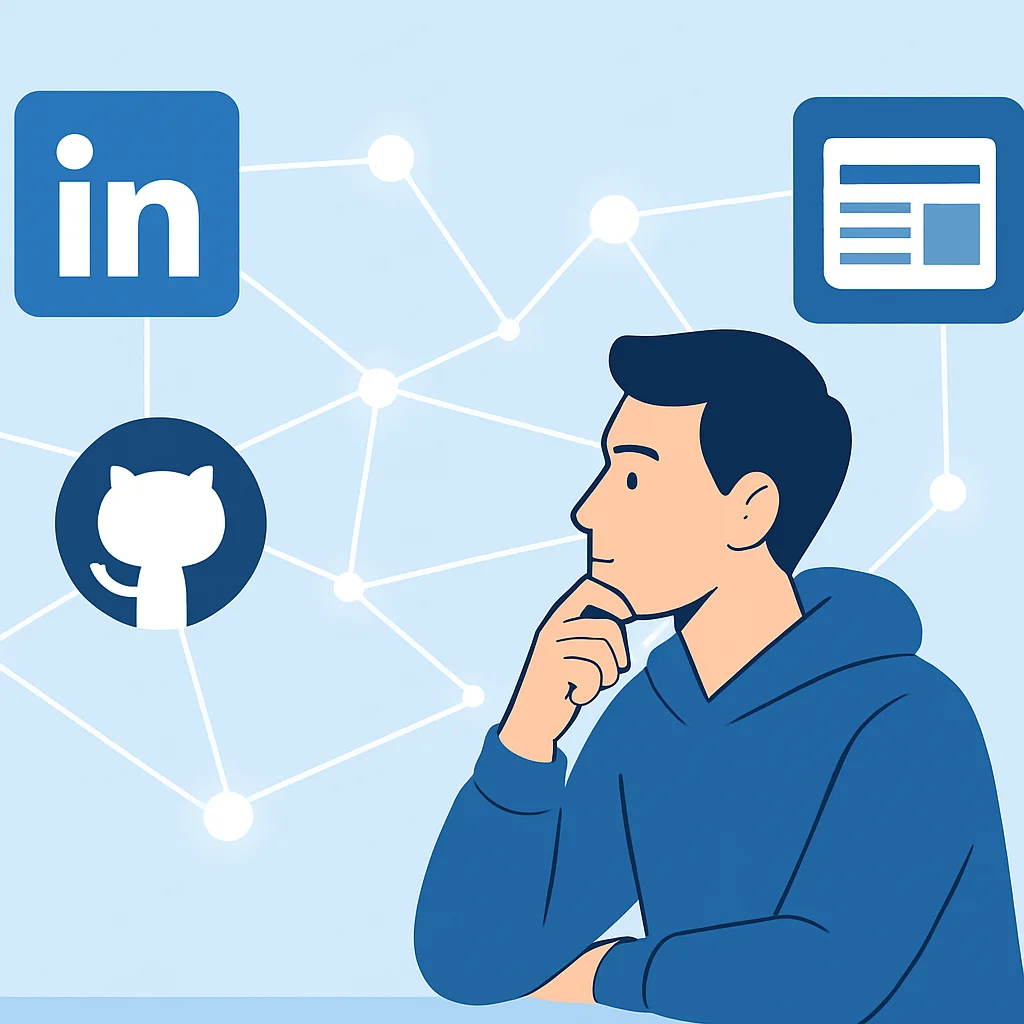 Dijital bir ortamda LinkedIn, GitHub ve bir bloga bağlı parlayan bağlantılarla kişisel markasını düşünen bir geliştirici