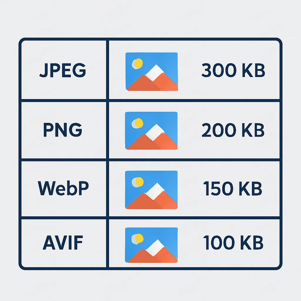 Aynı resmin JPEG, PNG, WebP ve AVIF formatlarındaki dosya boyutlarını karşılaştıran tablo