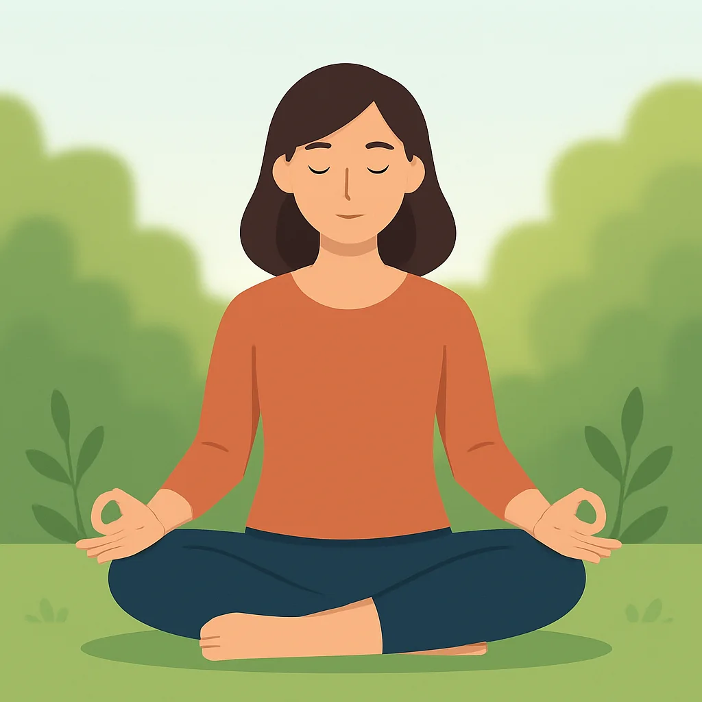 Sakin, yeşil bir ortamda meditasyon yapan bir kişi, zihinsel huzur ve stres azaltmayı simgeleyen doğa arka planı