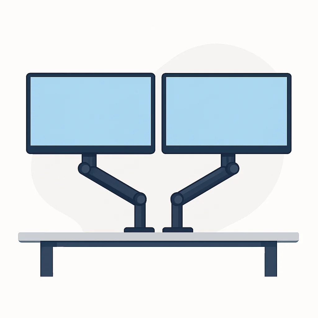 Ergonomik görüntüleme için göz hizasında konumlandırılmış, ayarlanabilir monitör kollarına sahip çift monitör kurulumu