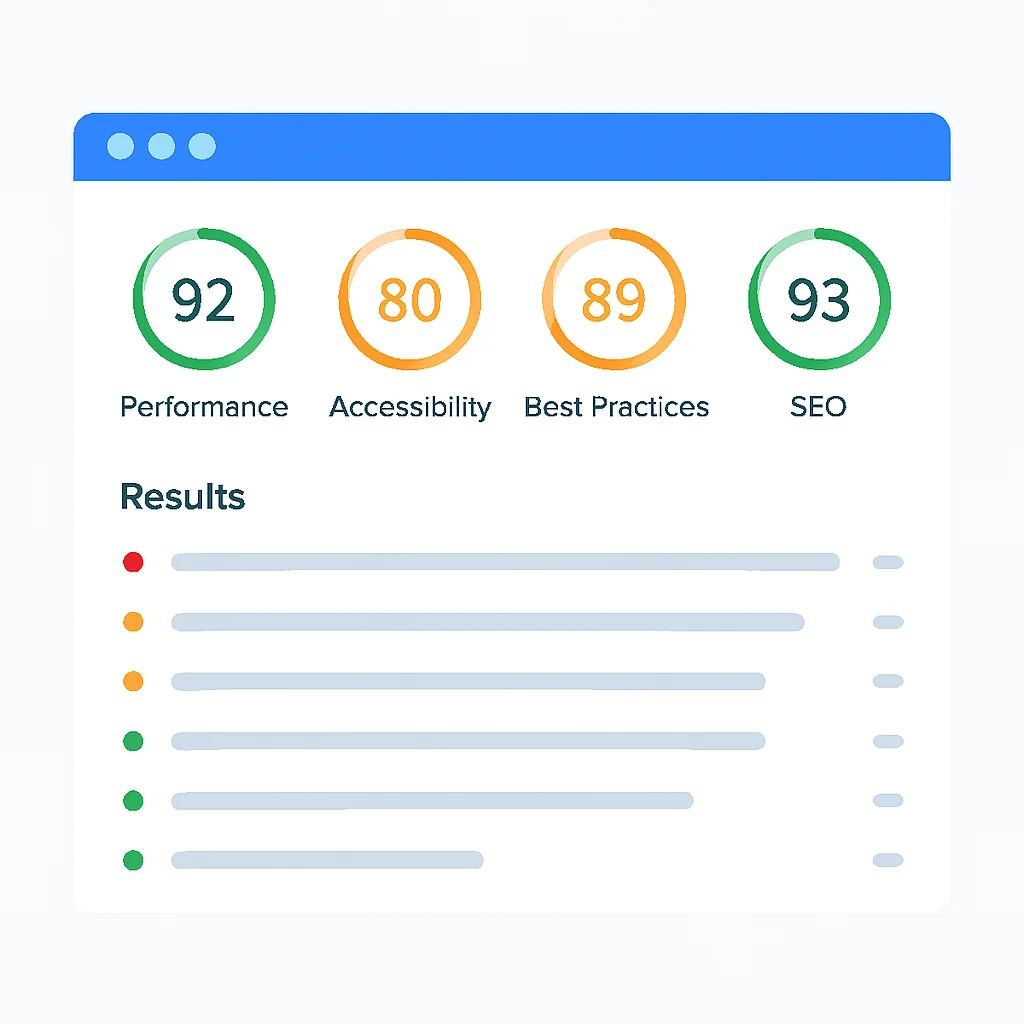 Performans puanlarını ve önerileri gösteren bir Google Lighthouse raporunun ekran görüntüsü