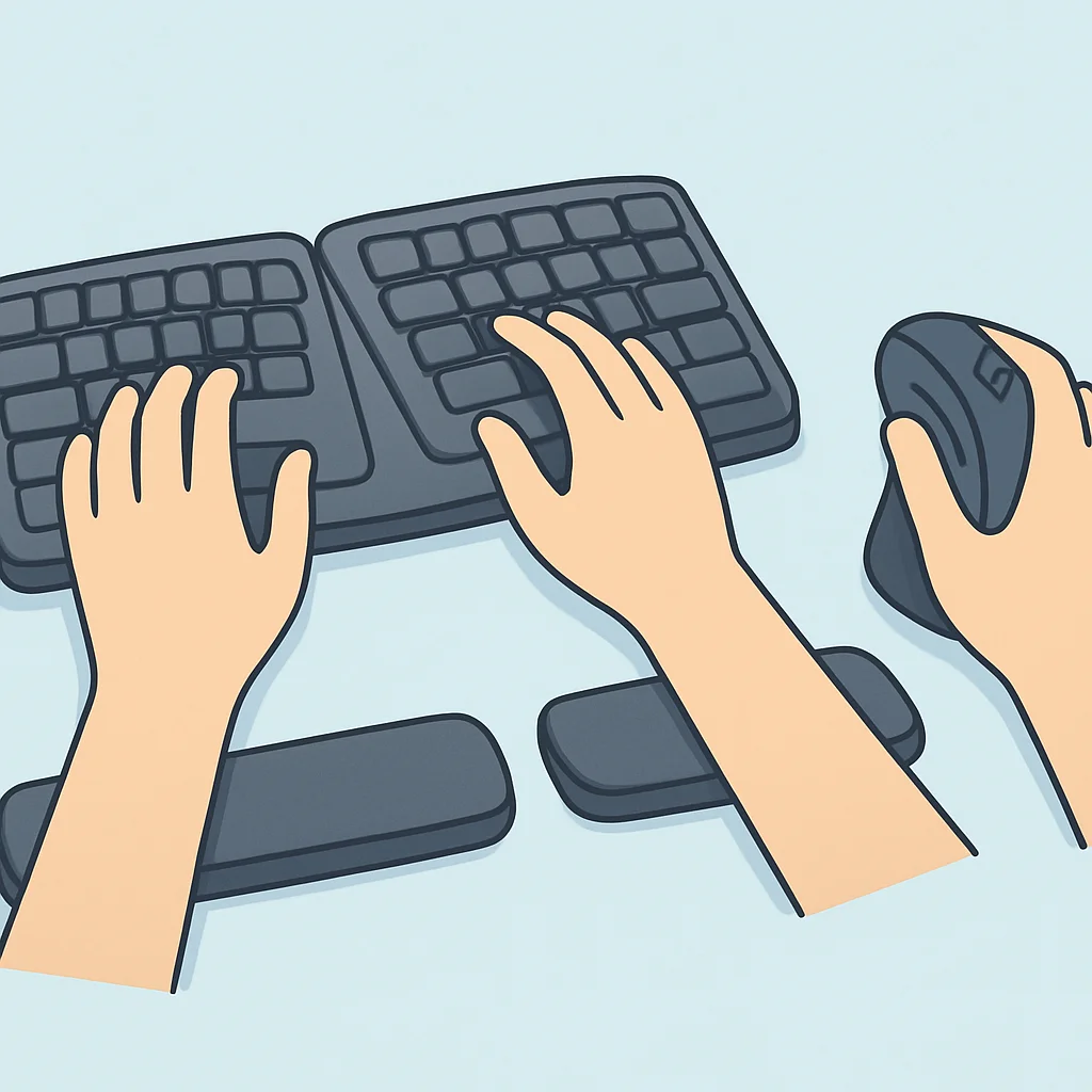 Doğru el ve bilek duruşunu vurgulayan, bilek destekli ergonomik klavye ve dikey fare kurulumu