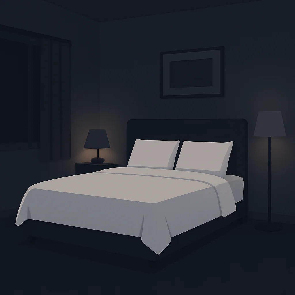 Minimalist ve karanlık bir yatak odası, rahat bir yatak, loş ışıklar ve elektronik cihazsız sakin bir uyku ortamı.