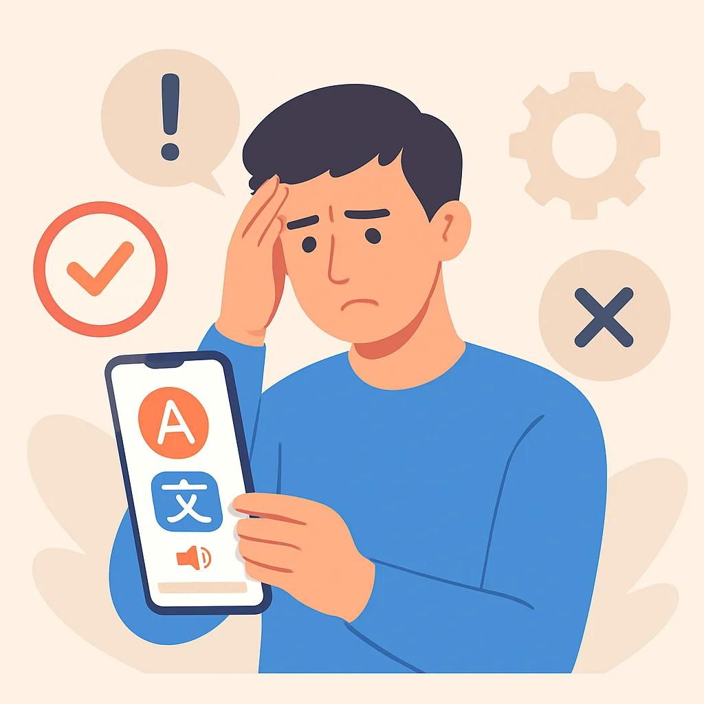 Bir kişi akıllı telefonundaki dil öğrenme uygulamasına hayal kırıklığıyla bakıyor, etrafı 