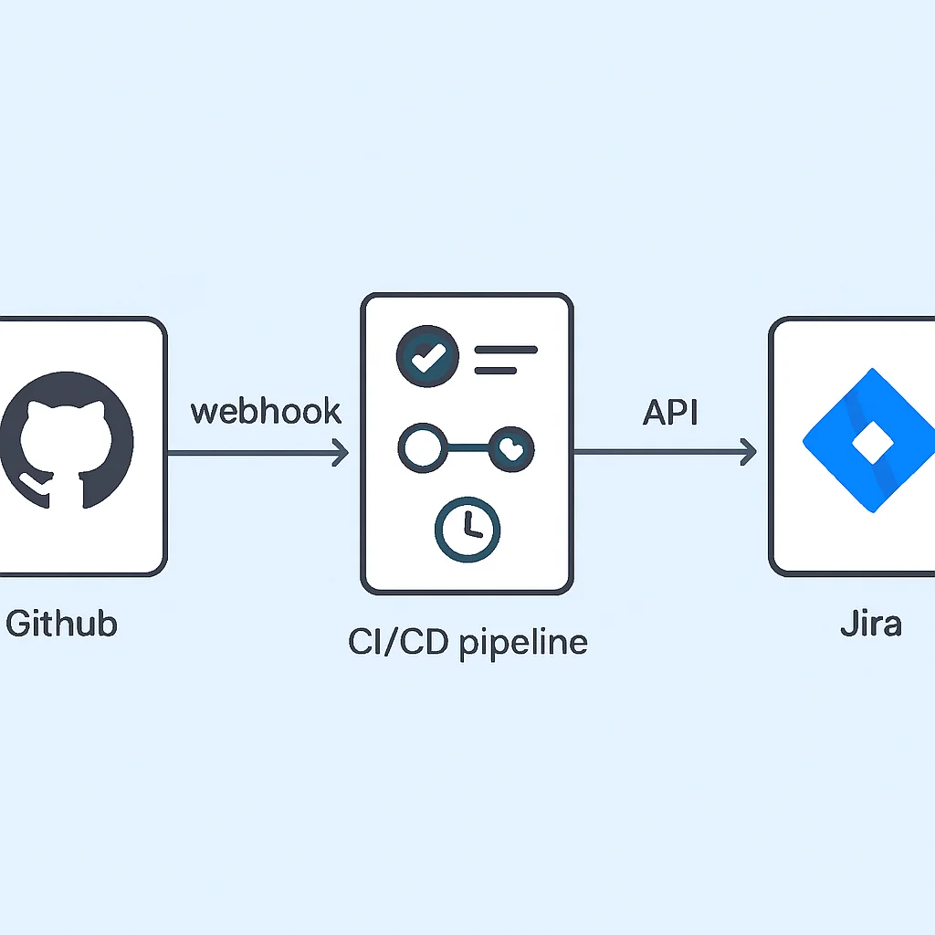 GitHub, CI/CD ve Jira arasında webhook'lar ve API'ler kullanarak entegrasyon mimarisi diyagramı