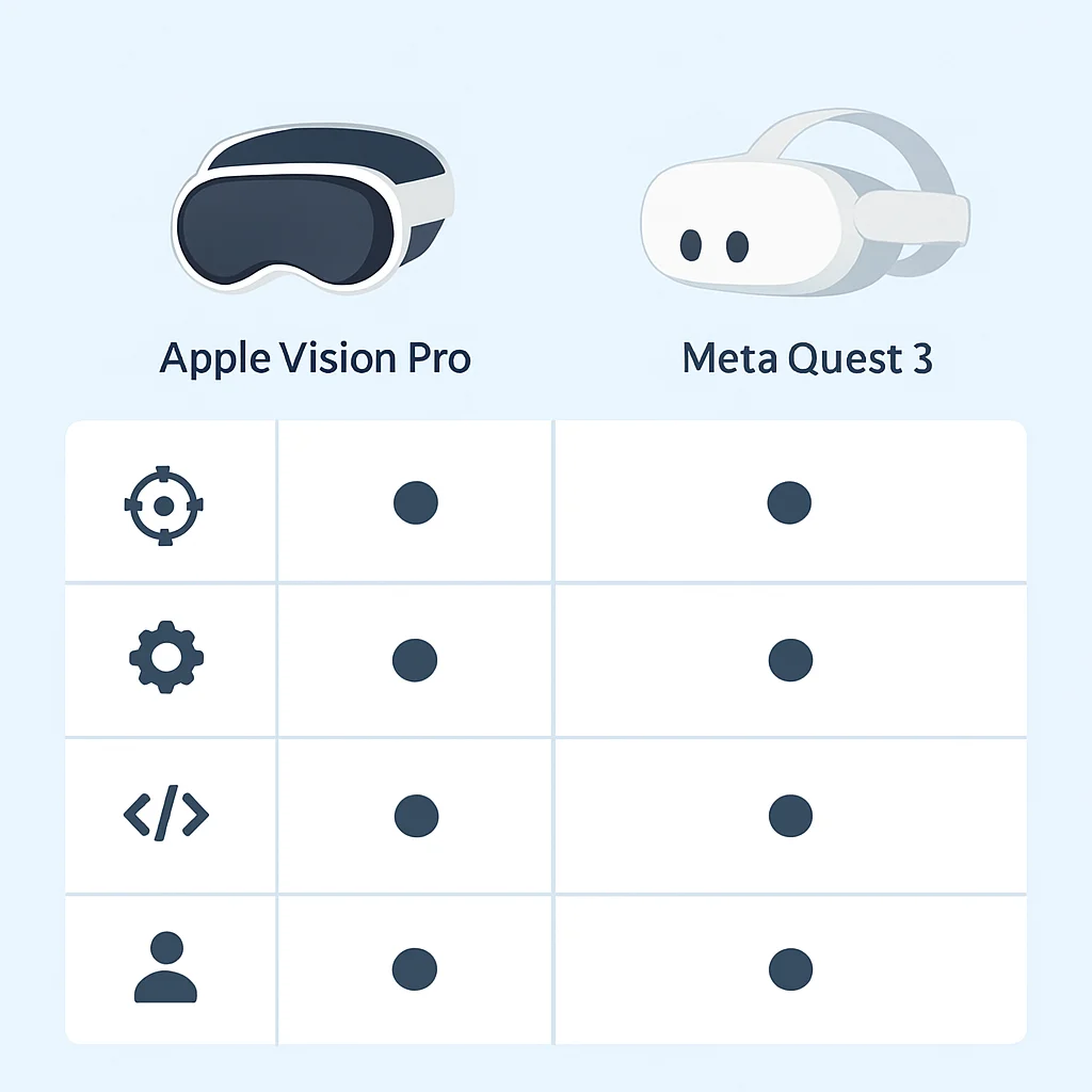 Apple Vision Pro ve Meta Quest 3 geliştirici özelliklerini karşılaştıran tablo