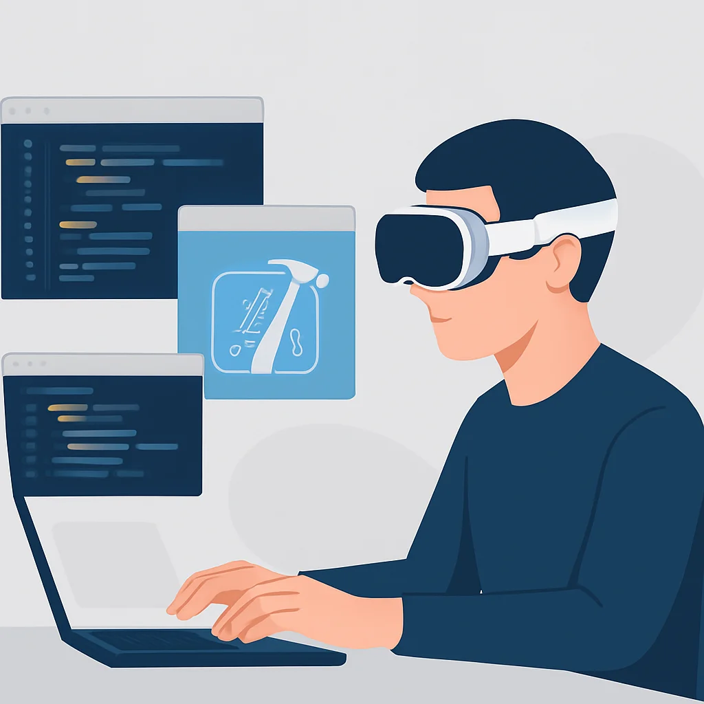 Geliştiricinin Xcode ile çoklu sanal ekranlı çalışma alanı için Apple Vision Pro kullandığı görsel