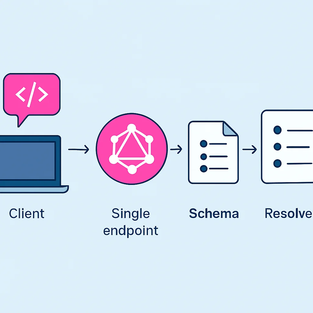 GraphQL sorgu akışı diyagramı: İstemci isteği, tek uç nokta, şema ve çözümleyiciler