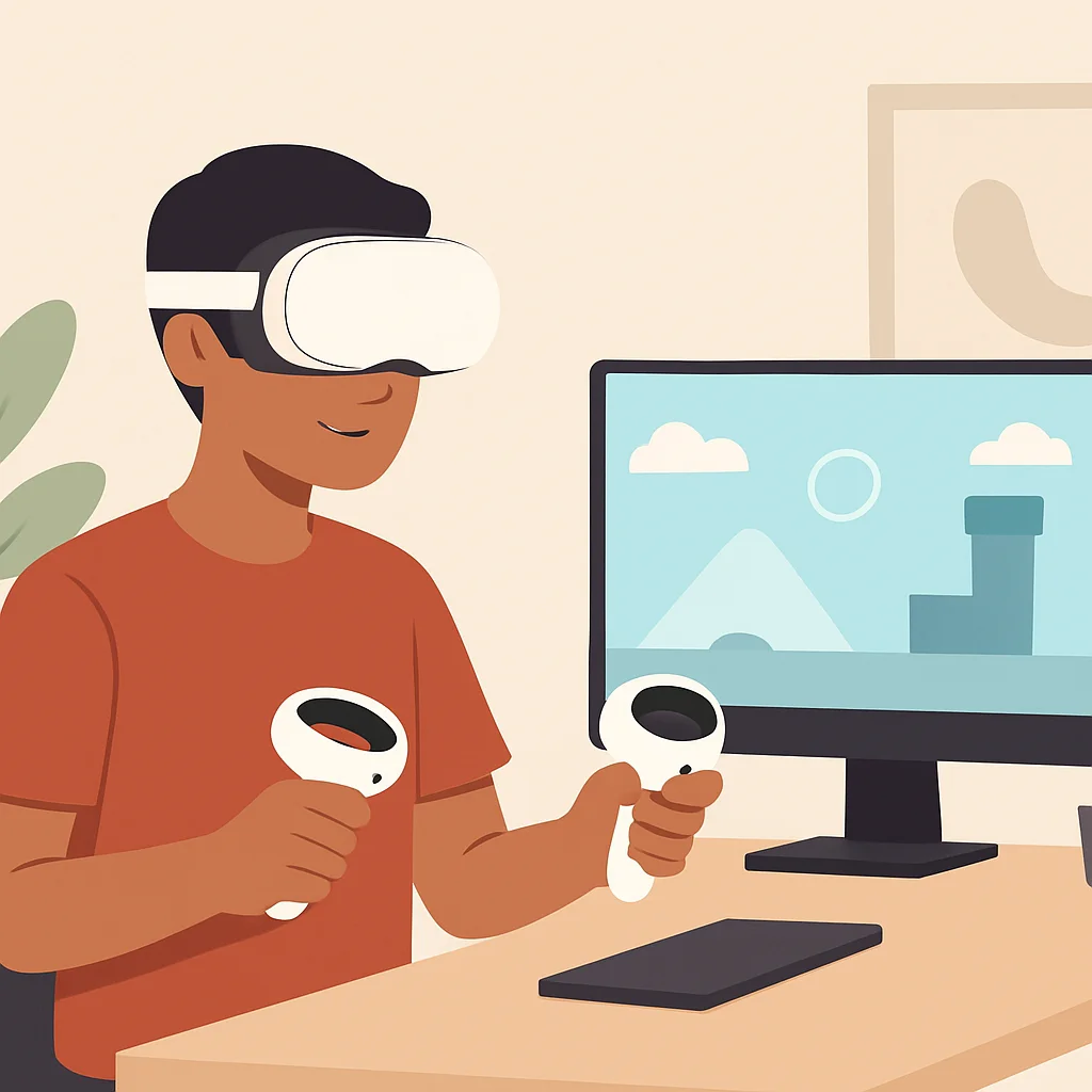 Bağımsız oyun geliştiricisinin Meta Quest 3 üzerinde VR oyunu prototiplemesi yaptığı görsel