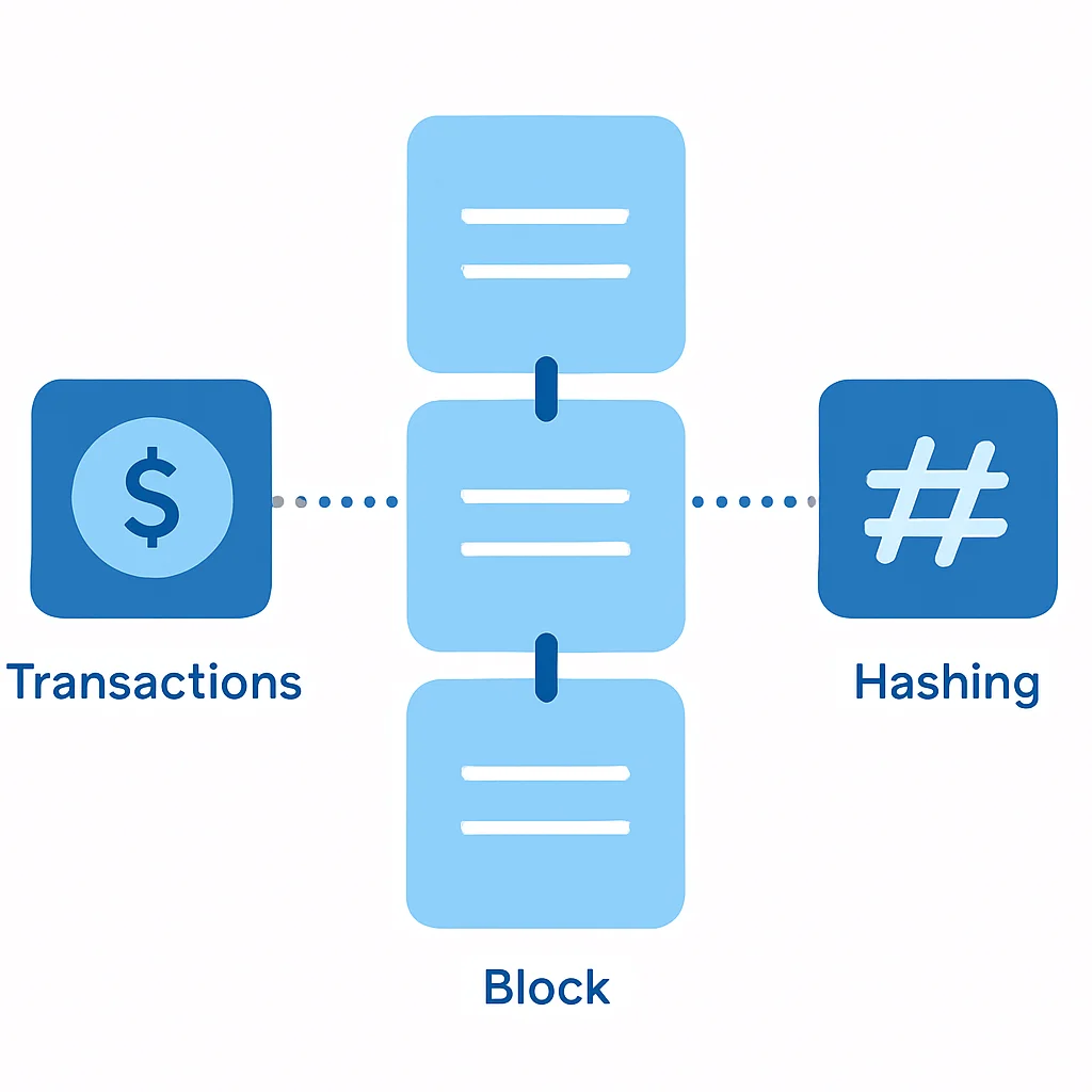 Bloklar, işlemler ve hashleme gösteren basitleştirilmiş blockchain mimarisi diyagramı