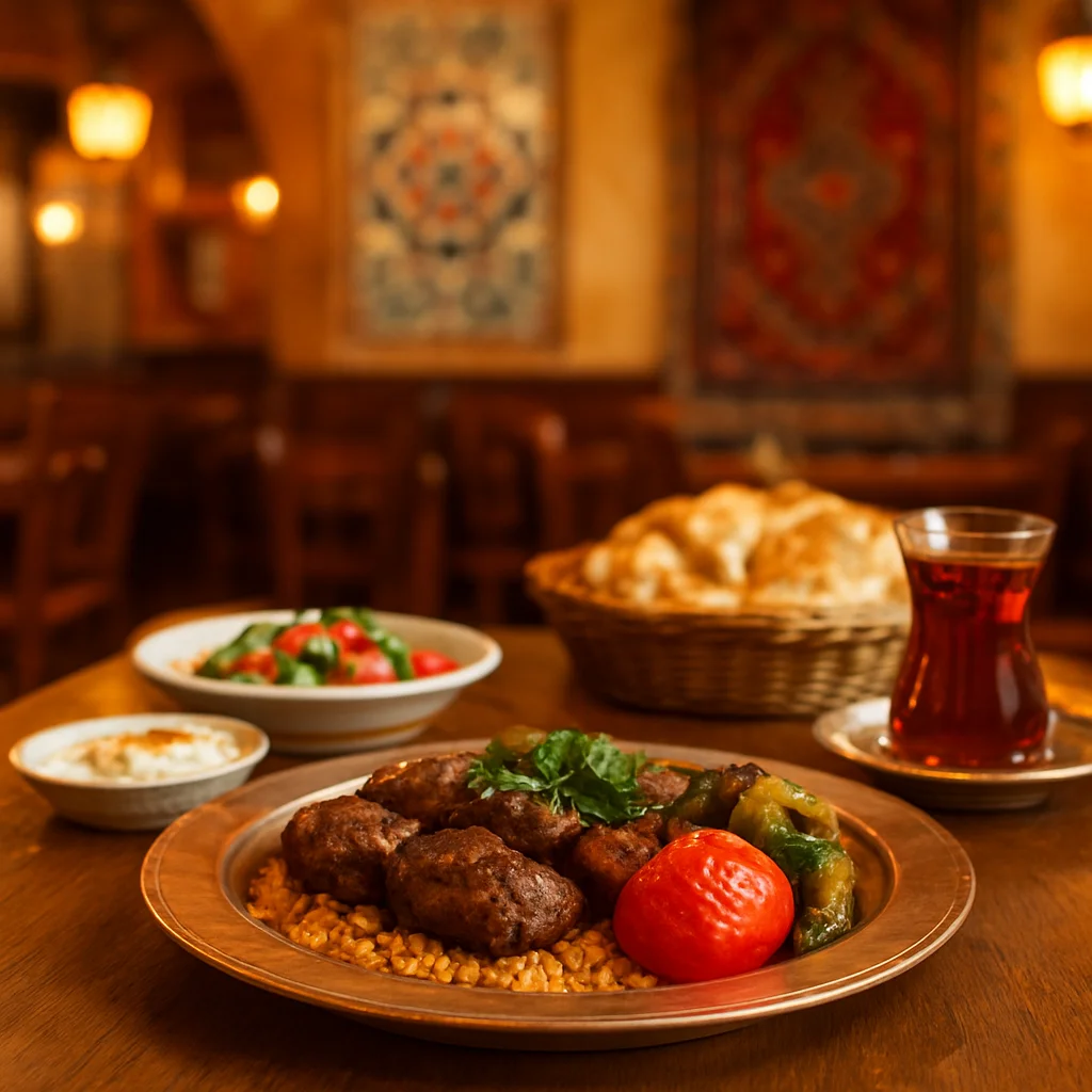 Geleneksel Türk dekoru ile süslenmiş İstanbul restoran iç mekanı