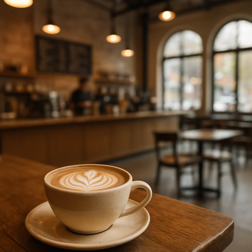 Petra Roasting Co.'nun yüksek tavanlı, geniş pencereli ve kahve barı olan modern iç mekanı