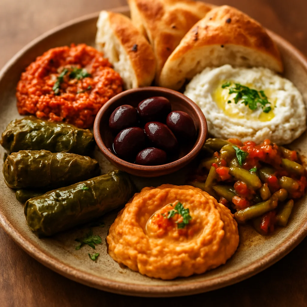 Çeşitli mezeler ve geleneksel ekmek ile Türk meze tabağı