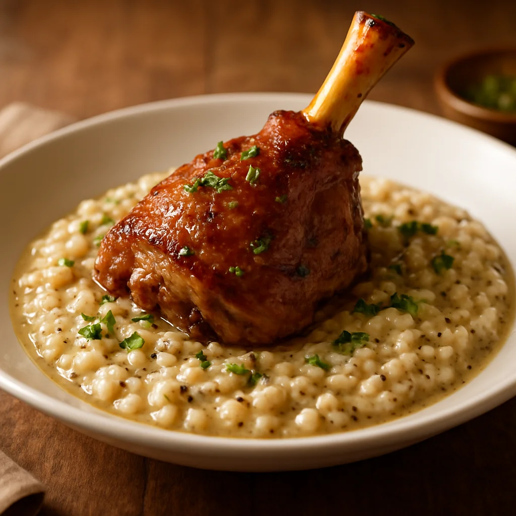 Beyaz bir tabakta kremalı trüf mantarlı risotto ile konfi kuzu incik, taze otlarla süslenmiş