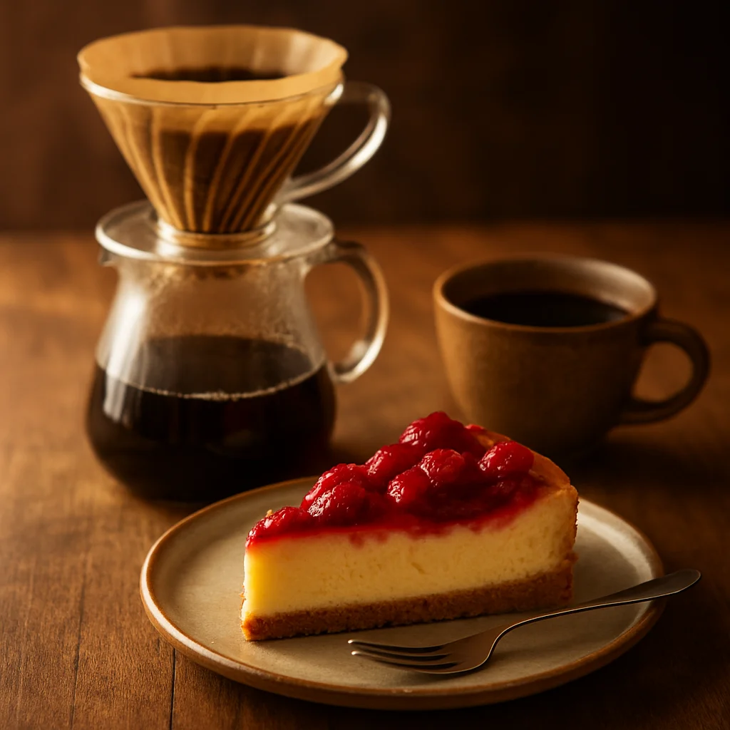 Ahşap masa üzerinde frambuazlı cheesecake dilimi ile V60 demleme kahve