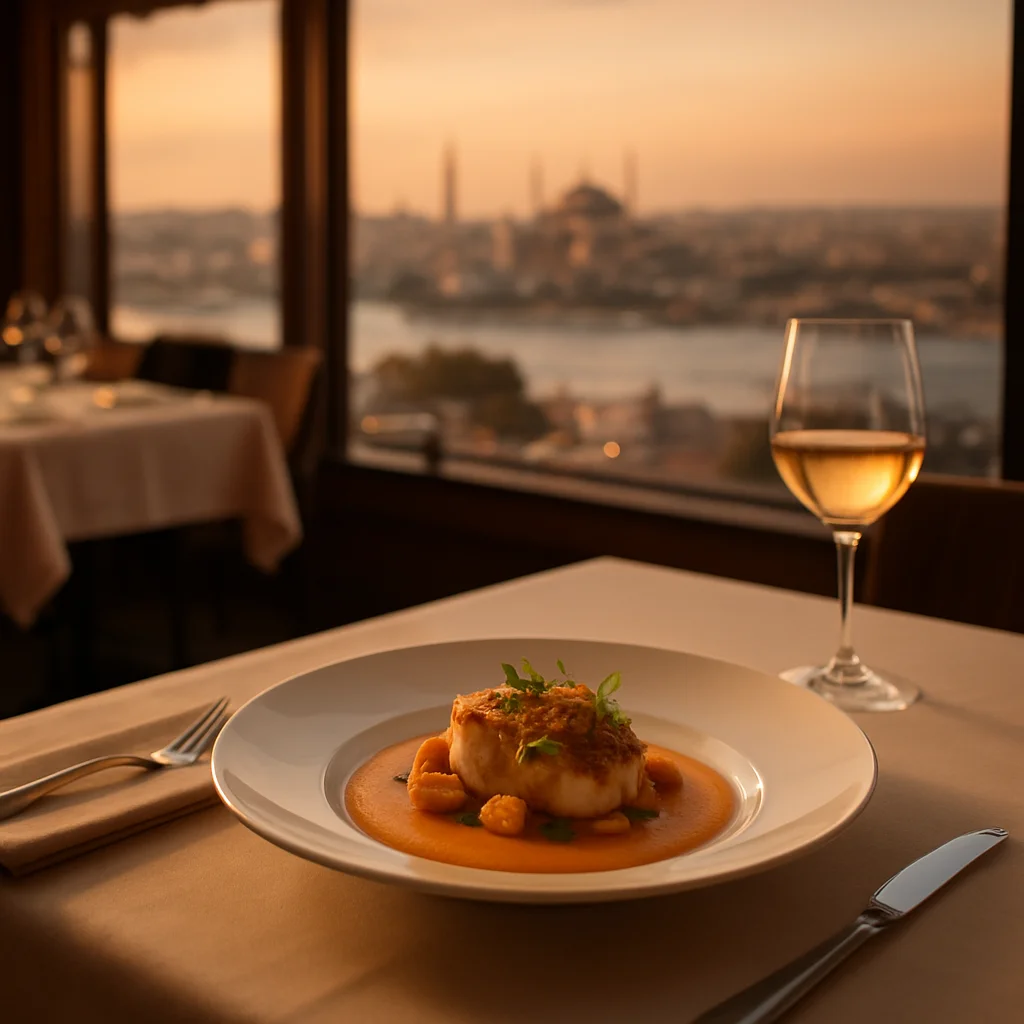 Panoramik İstanbul manzaralı fine dining restoran iç mekanı
