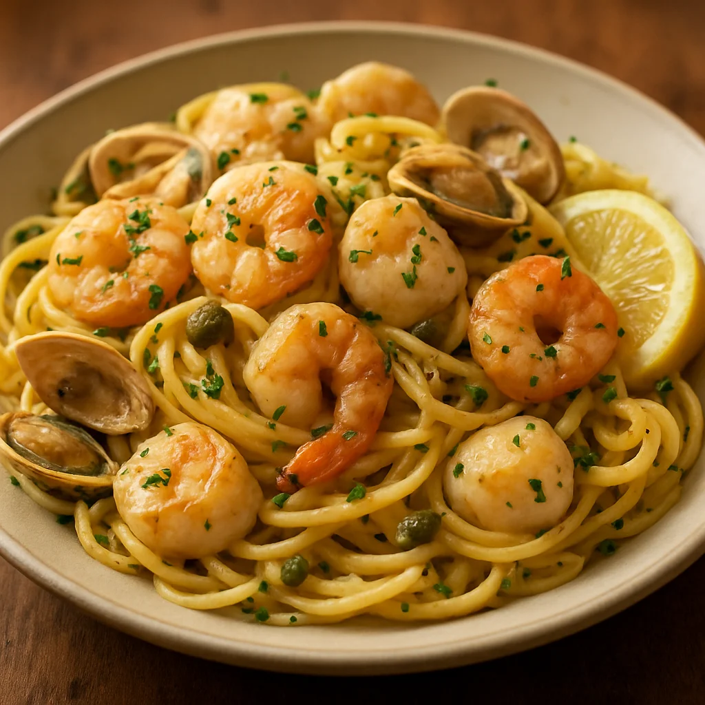 Limon ve kapari soslu taze deniz mahsulleri linguine makarna, maydanozla süslenmiş
