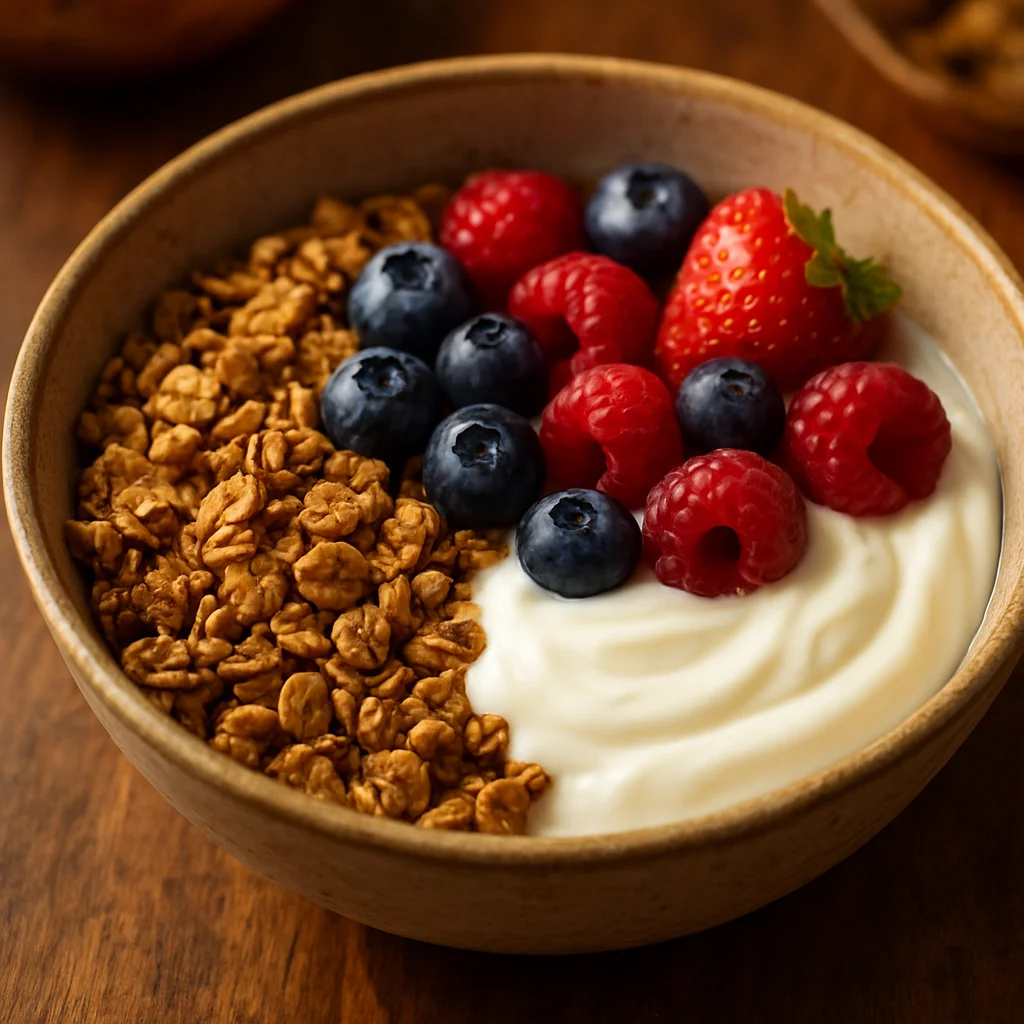 Taze çilekler, yoğurt ve ev yapımı granola ile canlı renkli bir granola kasesi
