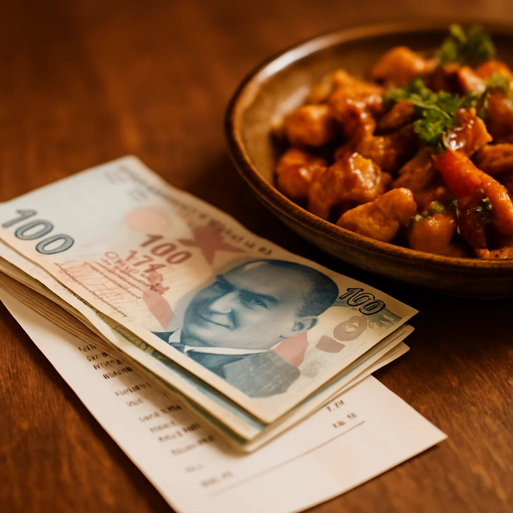 Ahşap masa üzerinde restoran faturası ile Türk lirası banknotları