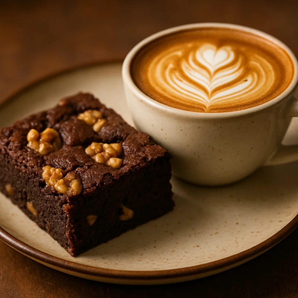 Cevizli zengin çikolatalı brownie, yanında mükemmel bir kapuçino