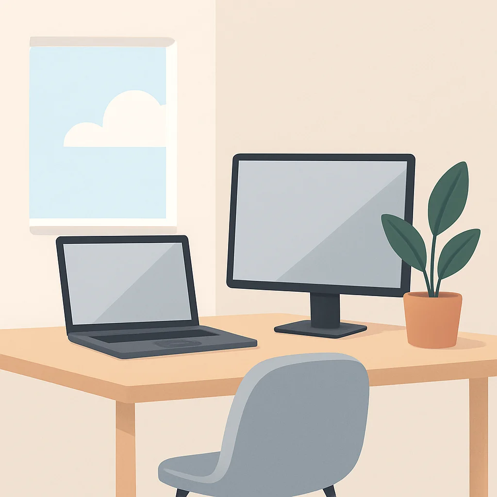 Bir laptop, harici monitör, bitki ve doğal ışık ile temiz, minimalist bir ev ofis kurulumu