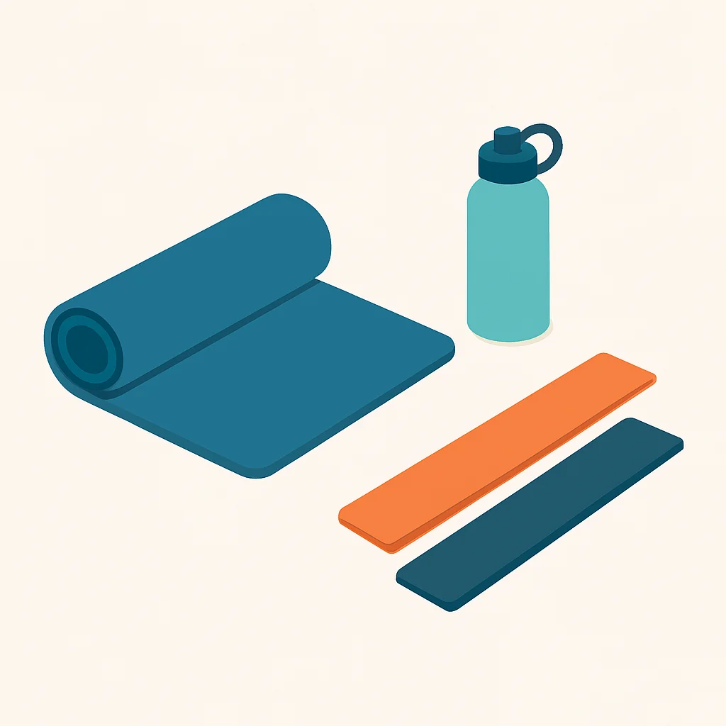 Yoga matı, direnç bantları ve bir su şişesi gibi minimalist ev egzersiz ekipmanları koleksiyonu
