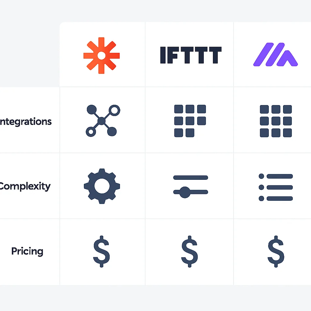 Zapier, IFTTT ve Make'in entegrasyonlar, karmaşıklık ve fiyatlandırma gibi özelliklerini vurgulayan bir karşılaştırma tablosu