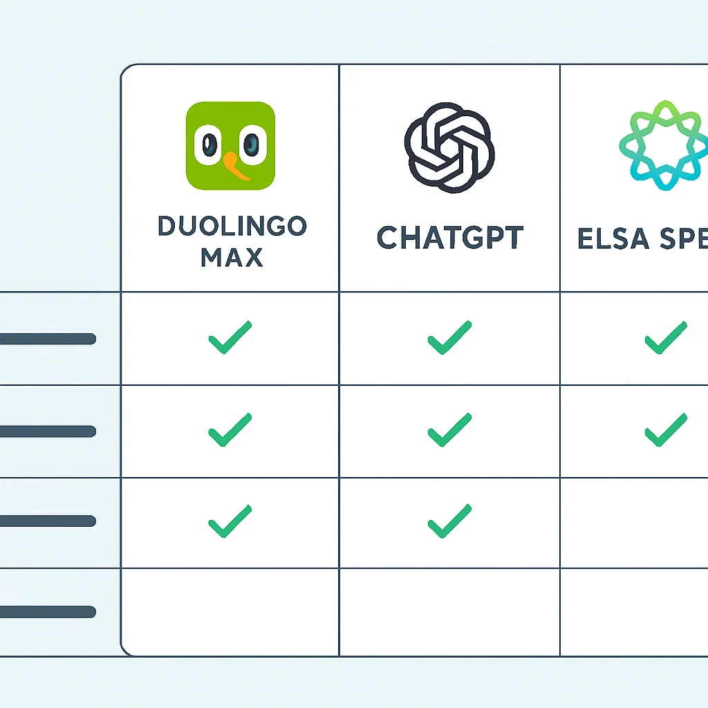 Duolingo Max, ChatGPT, ELSA Speak gibi farklı yapay zeka dil öğrenme uygulamalarının özelliklerini gösteren karşılaştırma tablosu