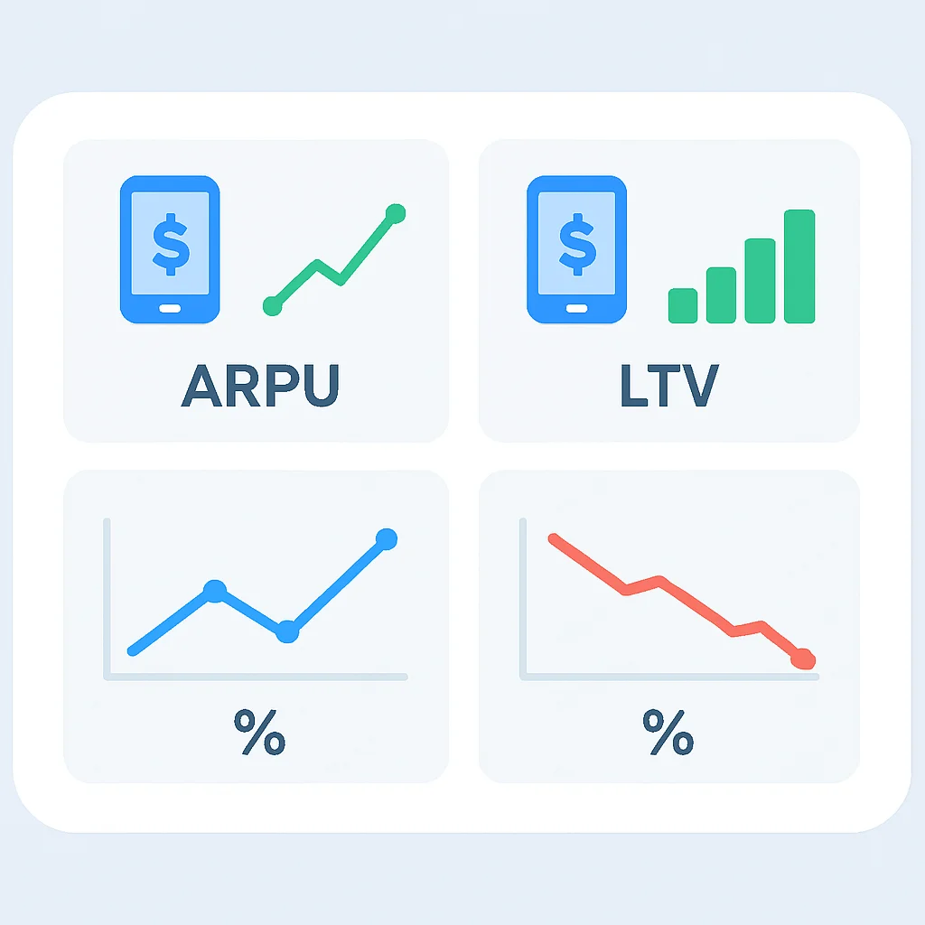 Mobil uygulama monetizasyon metrikleri (ARPU, LTV, dönüşüm oranları, churn rate) gösteren bir kontrol paneli