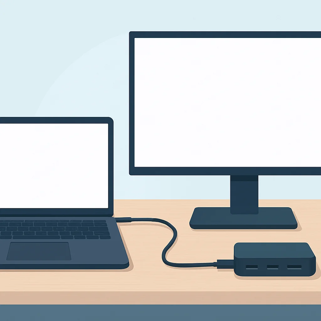 Bir geliştiricinin masaüstü kurulumu, dizüstü bilgisayarı entegre USB hub'lı bir monitöre bağlayan tek bir USB-C kablosunu gösteriyor, kablo kalabalığını azaltıyor.