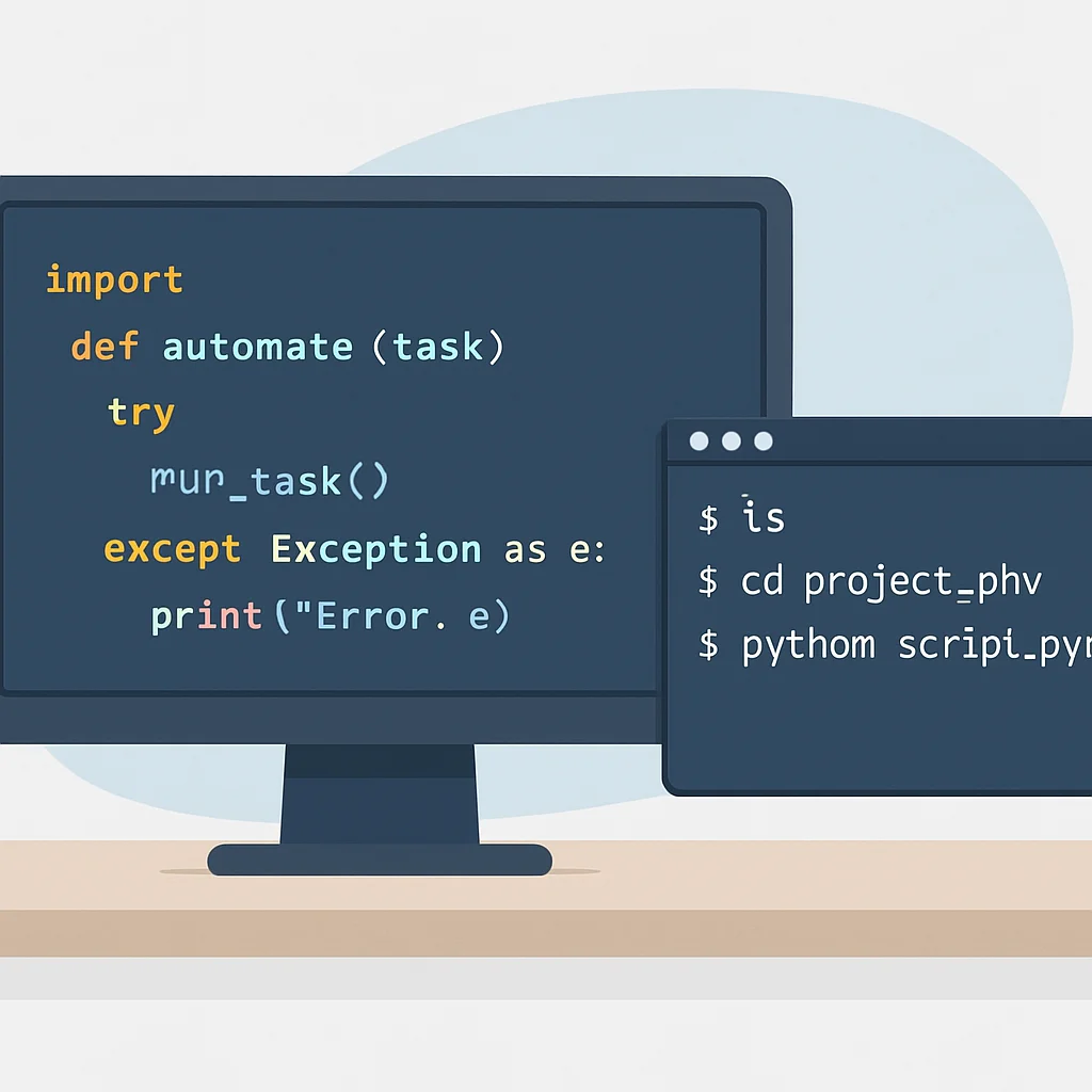 Bir geliştiricinin otomasyon için Python script'i ve shell komutları çalışan terminal ekranını gösteren görsel
