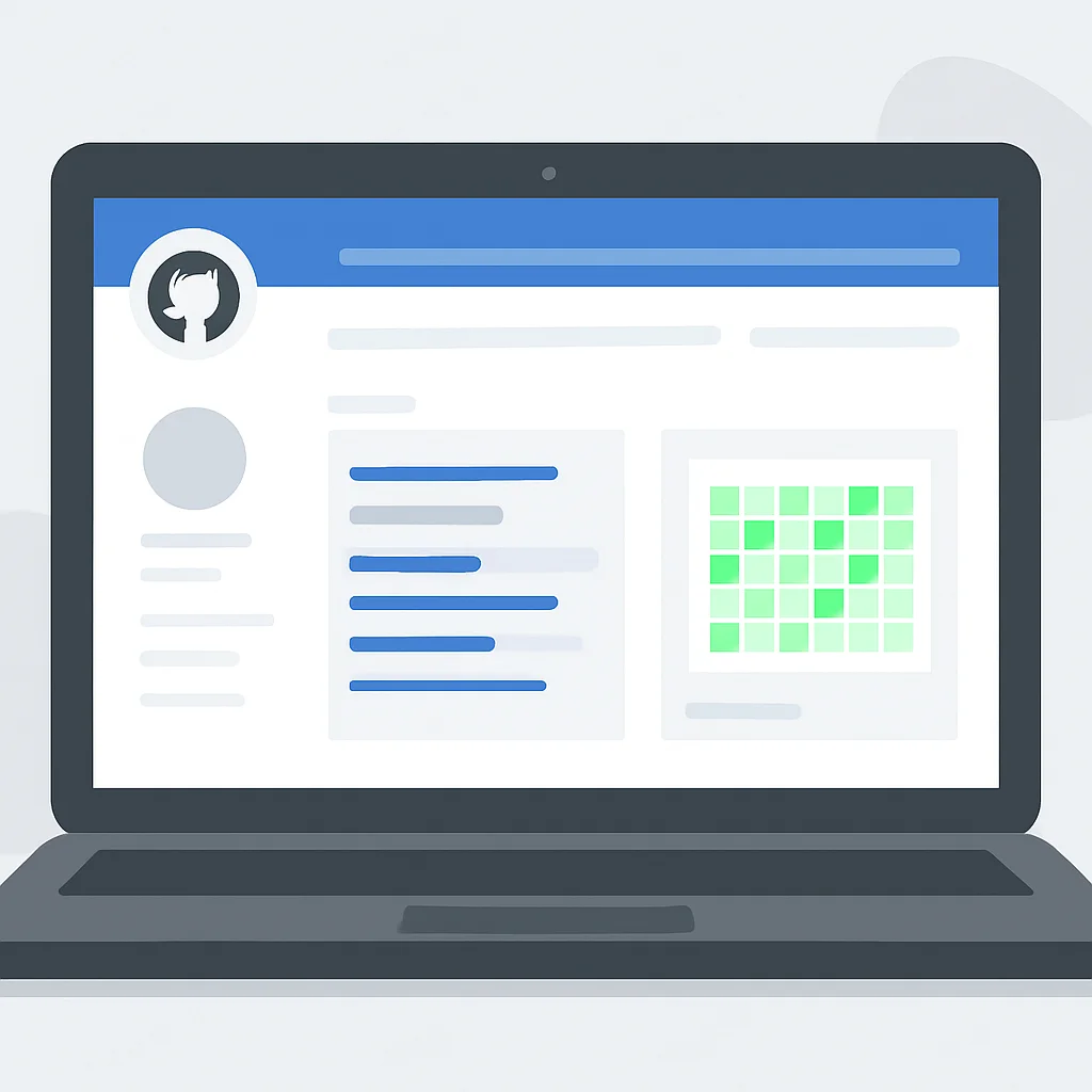 Bir geliştiricinin laptop ekranında iyi düzenlenmiş GitHub profil sayfası, proje depoları ve katkıları gösteriliyor