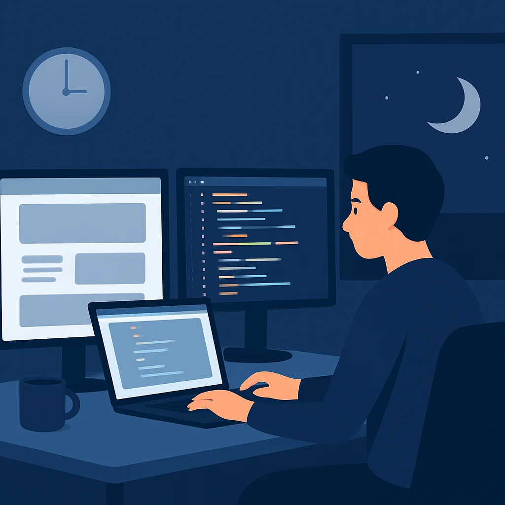 Bir geliştirici gece yan projesi üzerinde çalışıyor, ekranlarda kod, web sitesi ve mobil uygulama görünüyor