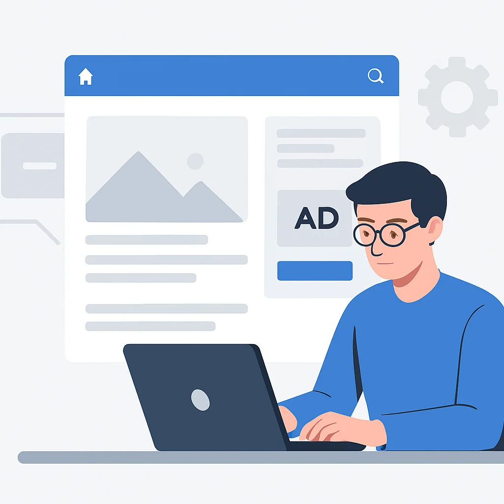 Dizüstü bilgisayarında blog yazısı yazan ve affiliate linkleri gösteren bir web sitesi illustrasyonu