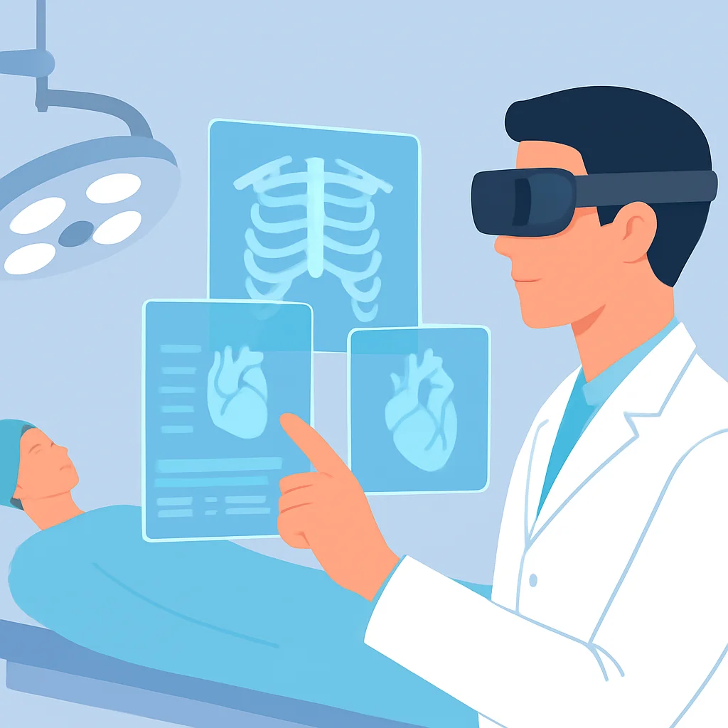 Ameliyathanede uzamsal hesaplama gözlüğü kullanan doktorun 3D tıbbi taramaları incelemesi