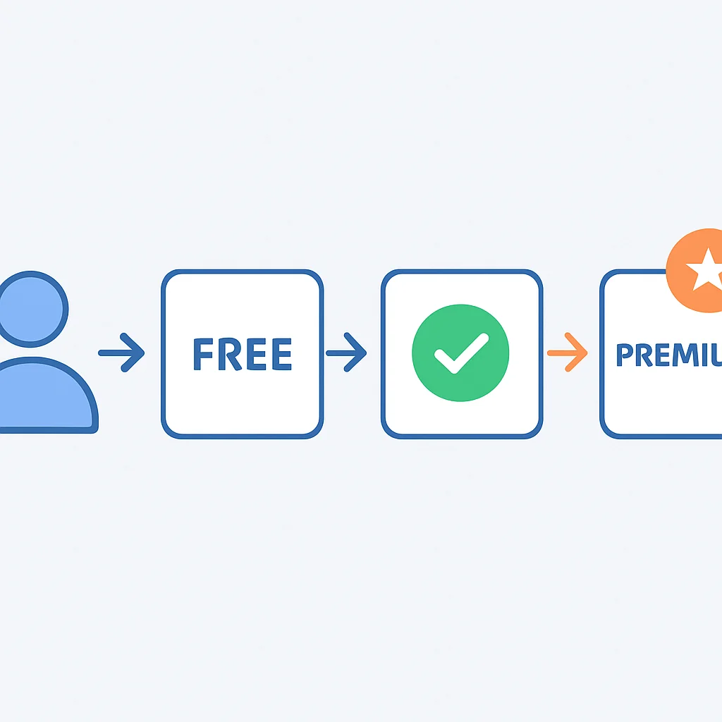 Freemium modelinin ücretsiz erişimden premium dönüşüme kullanıcı yolculuğu akış şeması