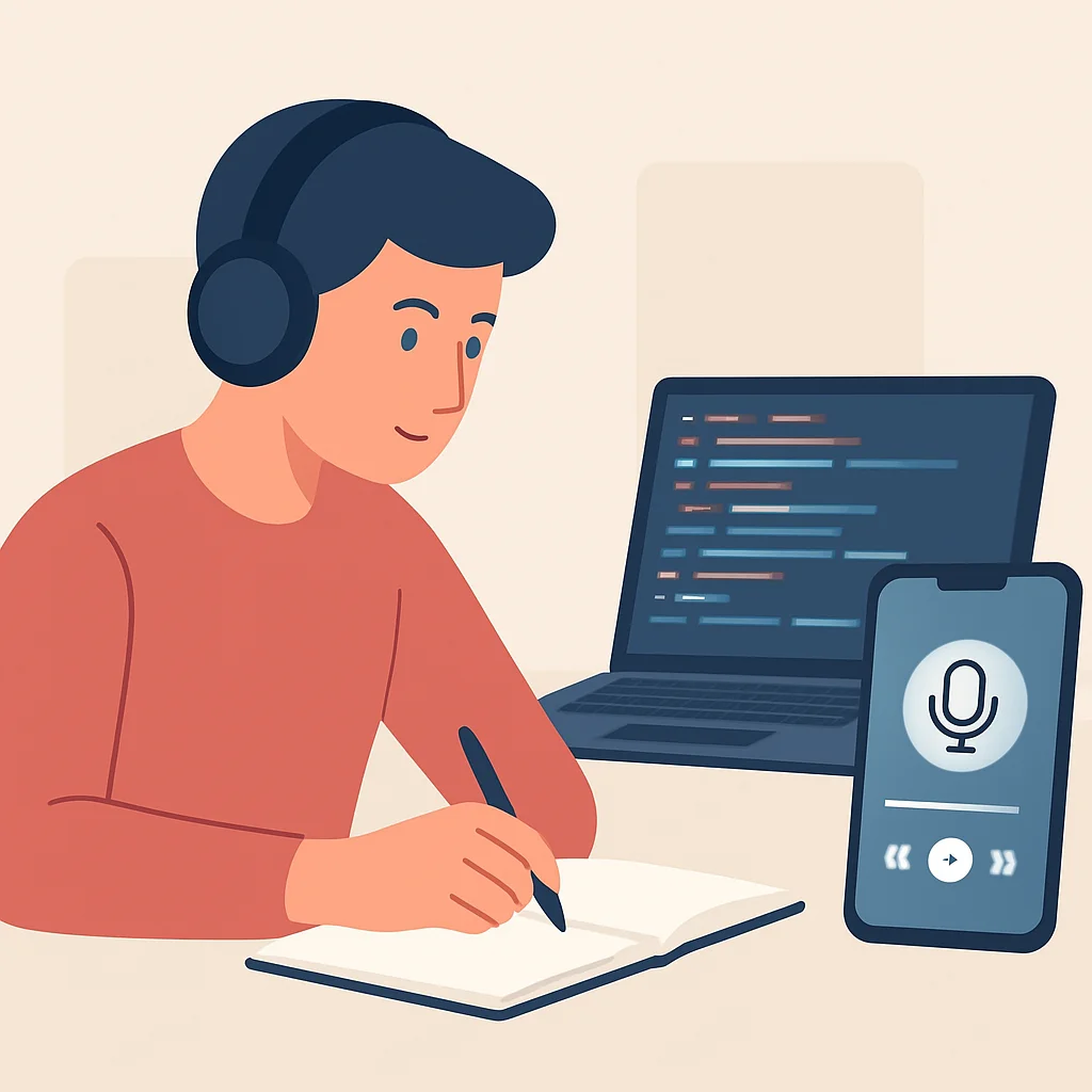 Bir kişinin akıllı telefonda podcast dinlerken aktif olarak not alması, arka planda kod gösteren bir dizüstü bilgisayar
