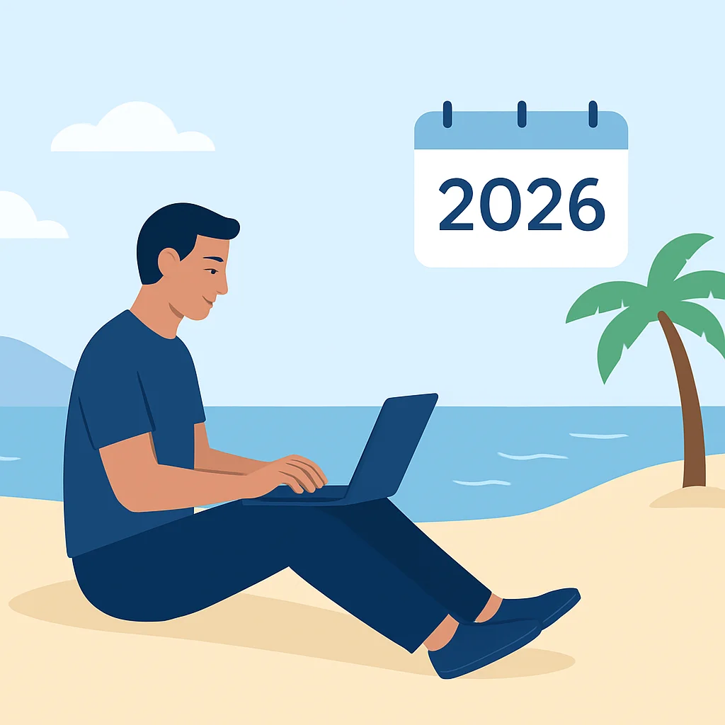 Finansal özgürlüğe ulaşmış bir geliştirici plajda laptopuyla çalışıyor, 2026 takvimi görünüyor