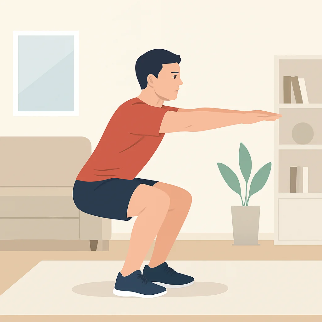 Bir kişi evde modern bir dairede squat veya plank gibi vücut ağırlığı egzersizleri yapıyor