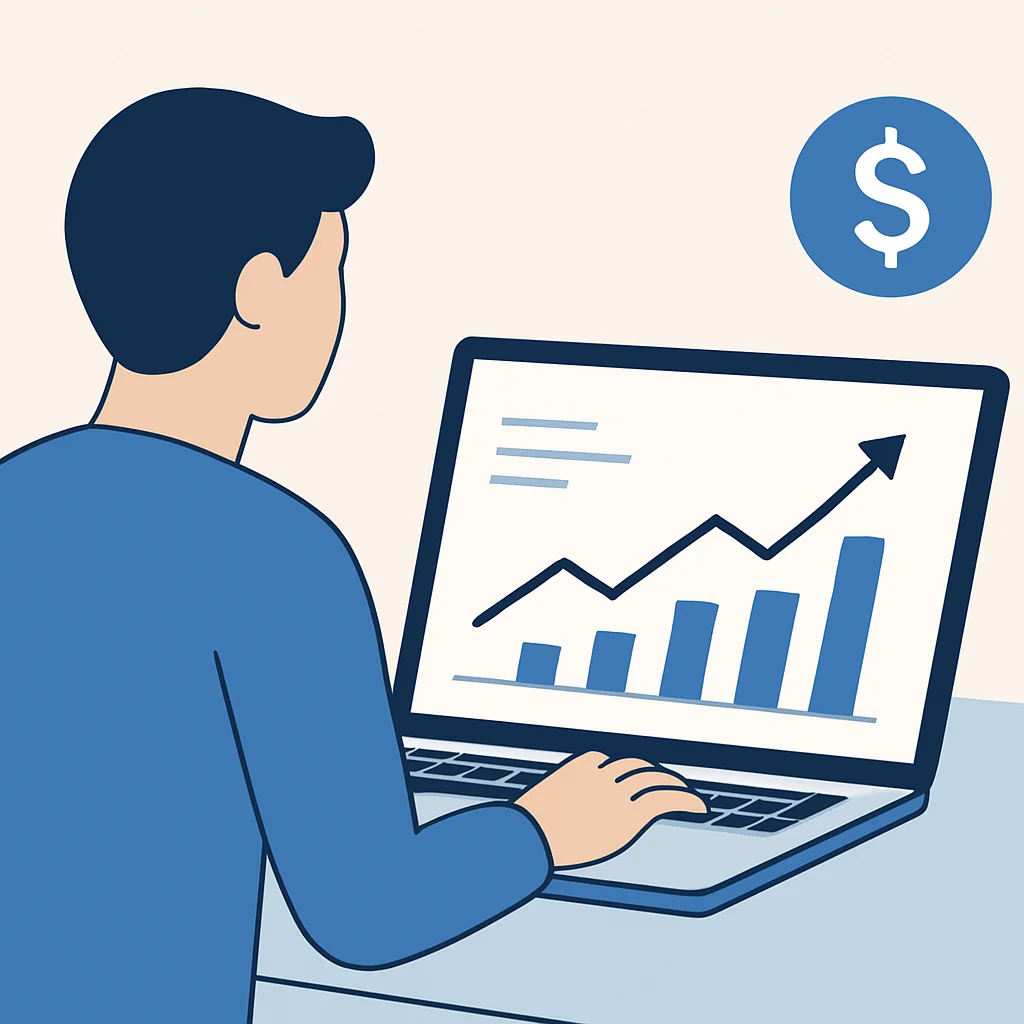 Bir kişinin dizüstü bilgisayarında finansal tabloya bakarak finansal planlama ve geleceği simgelediği görsel