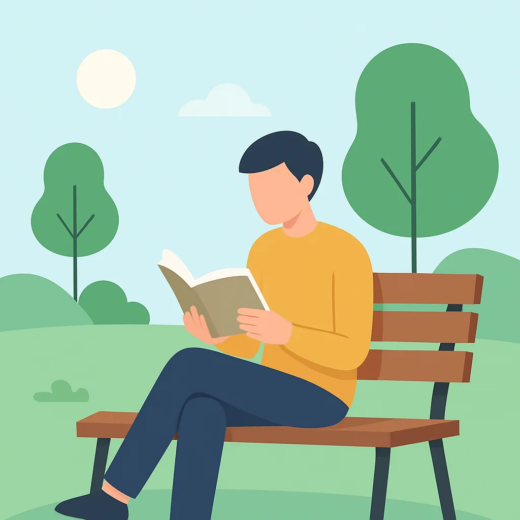 Bir parkta fiziksel bir kitap okuyan, doğanın ve dijitalden uzak bir anın tadını çıkaran bir kişi