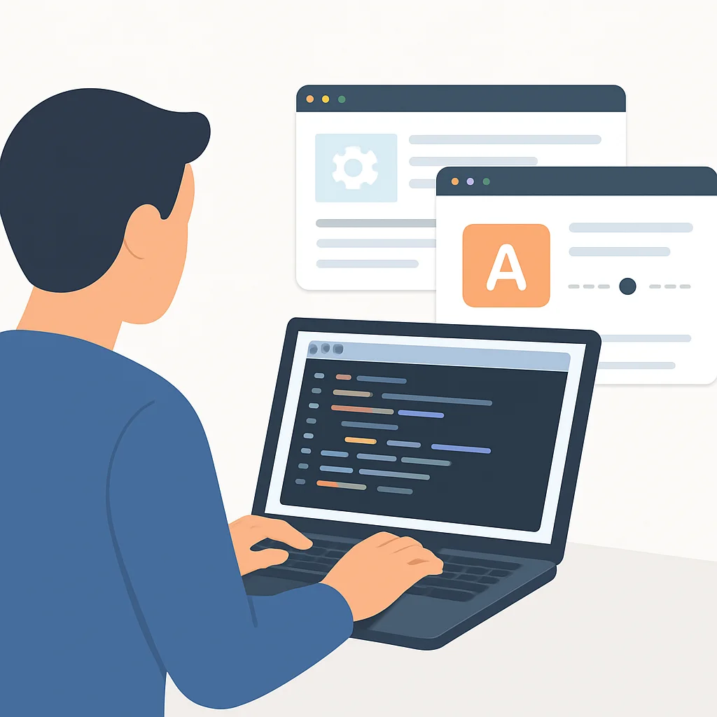 Bir kişinin kod editörü, teknik blog ve dil öğrenme uygulaması açık olan dizüstü bilgisayar kullanması