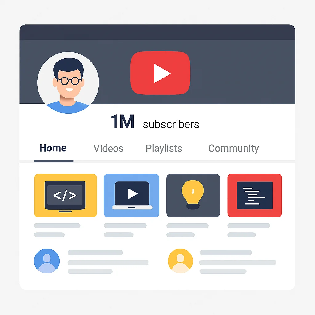 Yüksek abone sayısı, son video küçük resimleri ve olumlu yorumları gösteren popüler bir geliştirici YouTube kanalının ekran görüntüsü.