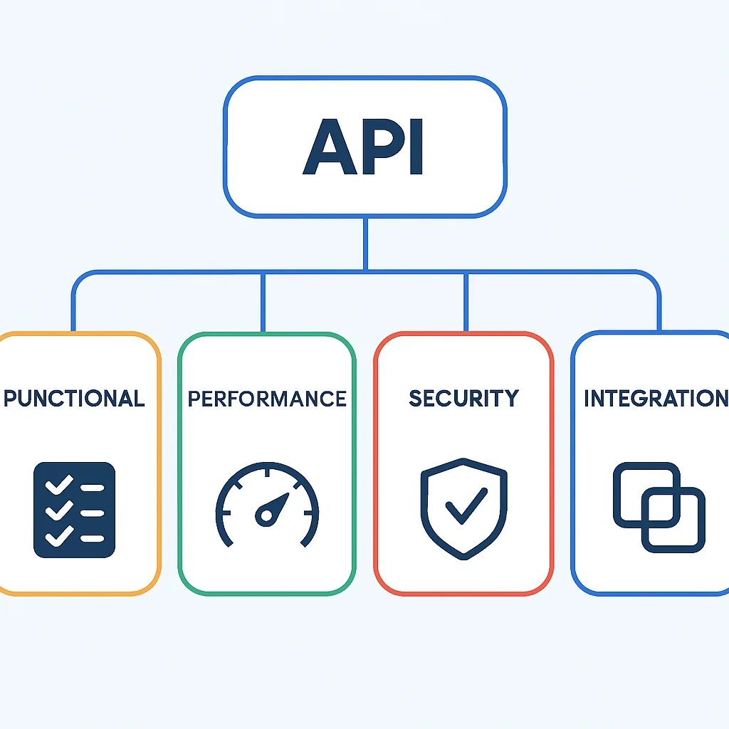 API test stratejisi akış şeması: fonksiyonel, performans, güvenlik ve entegrasyon test aşamaları