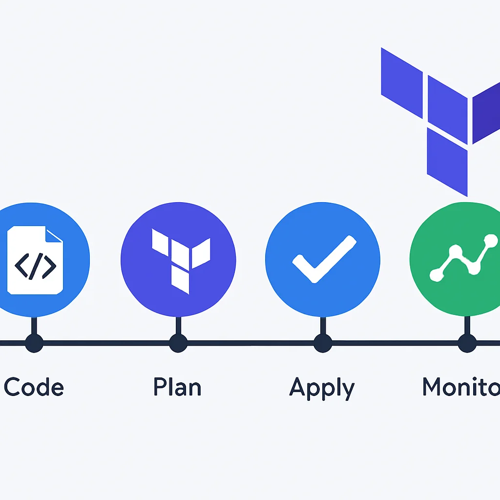 Terraform entegrasyonlu CI/CD pipeline diyagramı, kod commit, planlama, uygulama ve izleme aşamaları ile