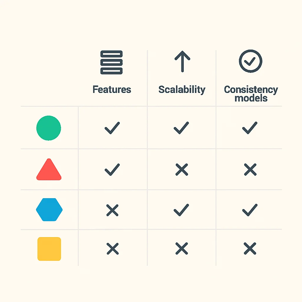 NoSQL veritabanlarının özelliklerini, ölçeklenebilirliğini ve tutarlılık modellerini gösteren karşılaştırmalı tablo