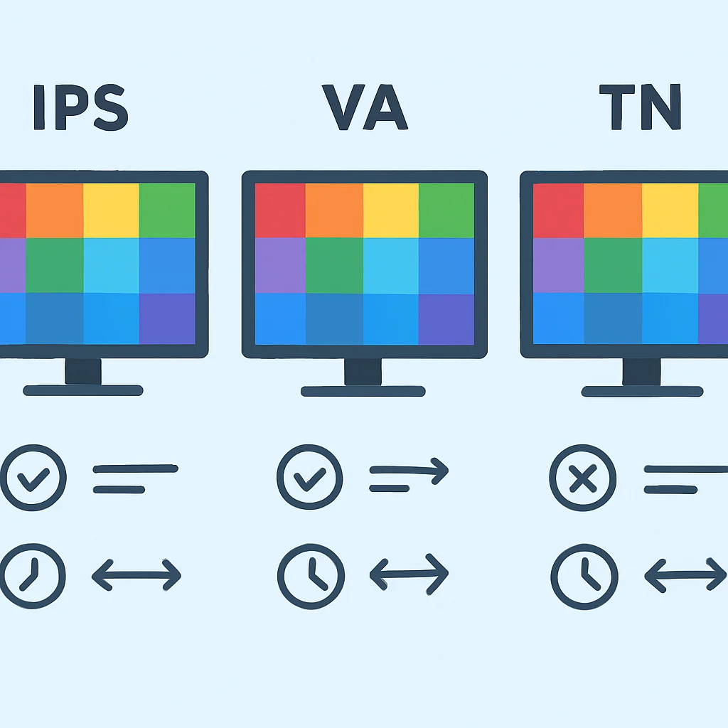 Farklı monitör panel tiplerinin (IPS, VA, TN) renk doğruluğu, görüş açıları ve tepki süresi açısından geliştirme için artılarını ve eksilerini karşılaştıran bilgi grafiği.