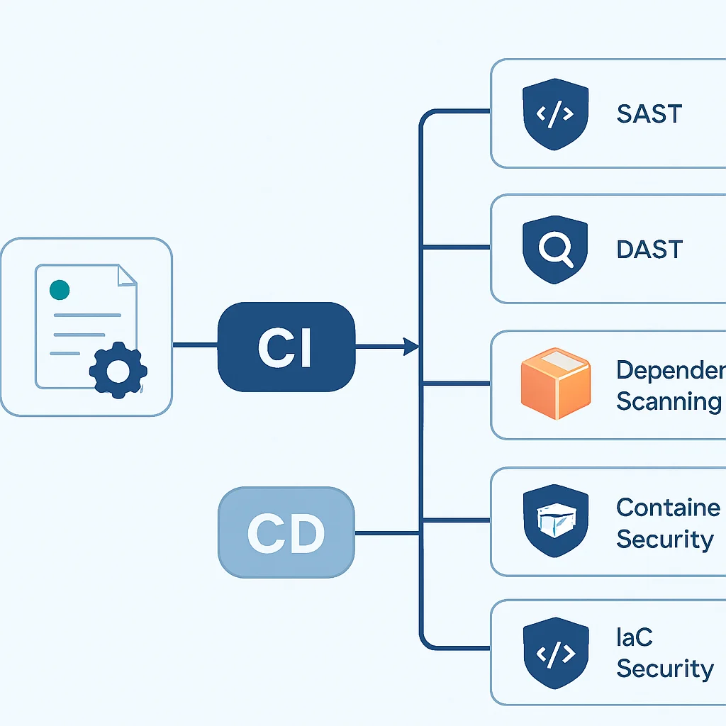 SAST, DAST, Bağımlılık Taraması, Kapsayıcı Güvenliği ve IaC Güvenliği entegrasyon noktalarını gösteren detaylı bir CI/CD pipeline diyagramı